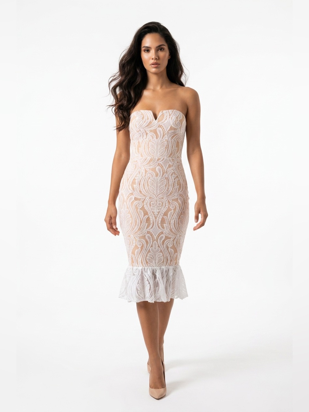PrettyLittleThing Nude and White Strapless Lace Midi Dress. Sz 12
